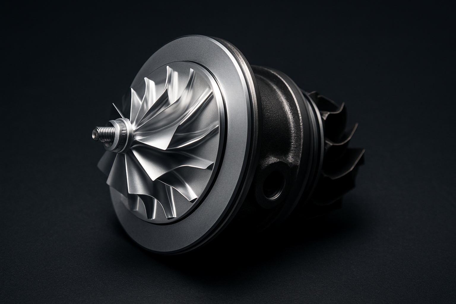Close-up of Elecdurauto turbocharger CHRA with billet compressor wheel