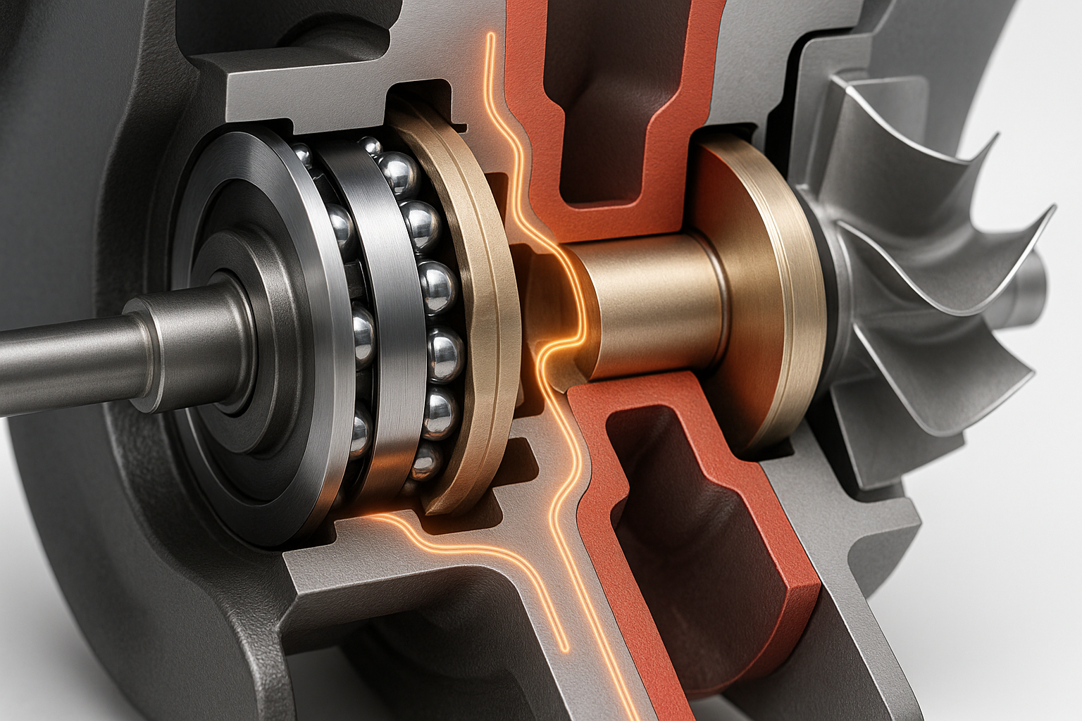 Turbocharger cutaway showing ball bearing vs journal bearing system