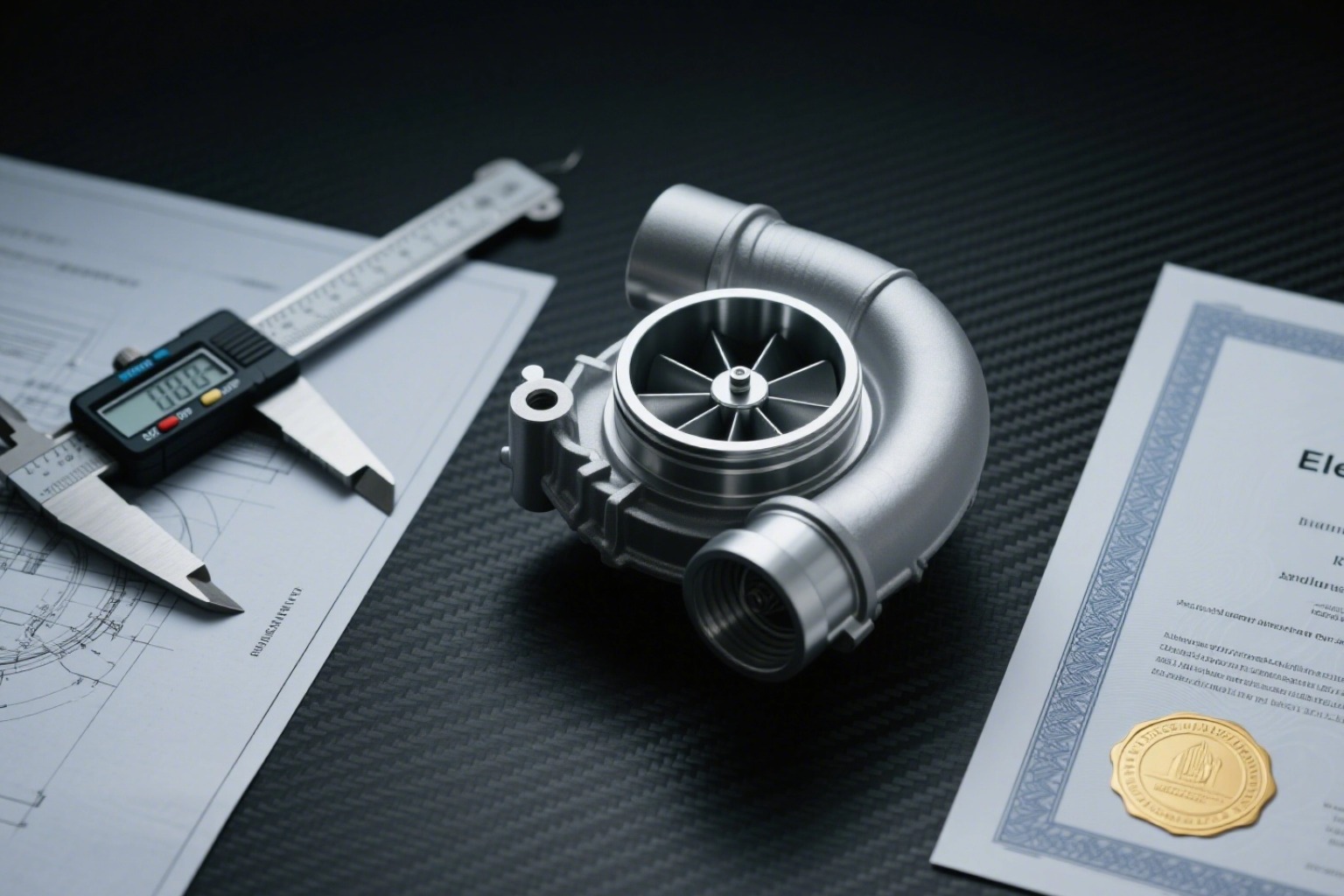Elecdurauto turbocharger flat lay showcasing precision and certification