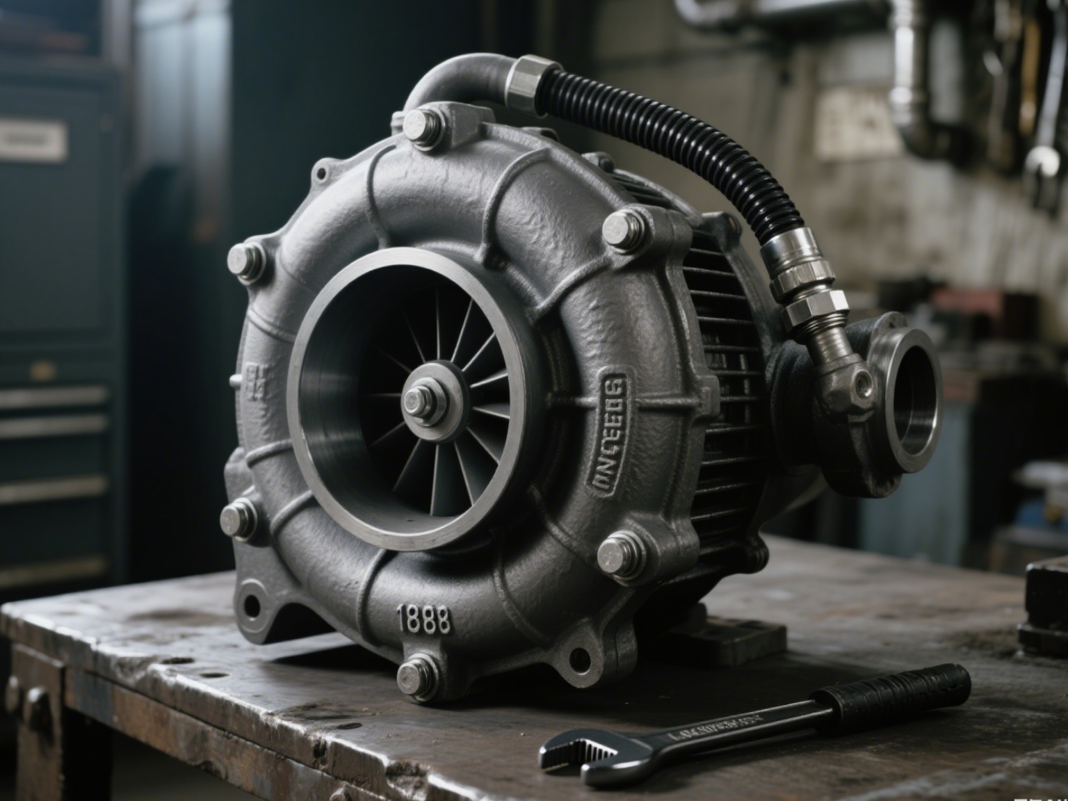 A large, heavy-duty turbo for a diesel performance truck