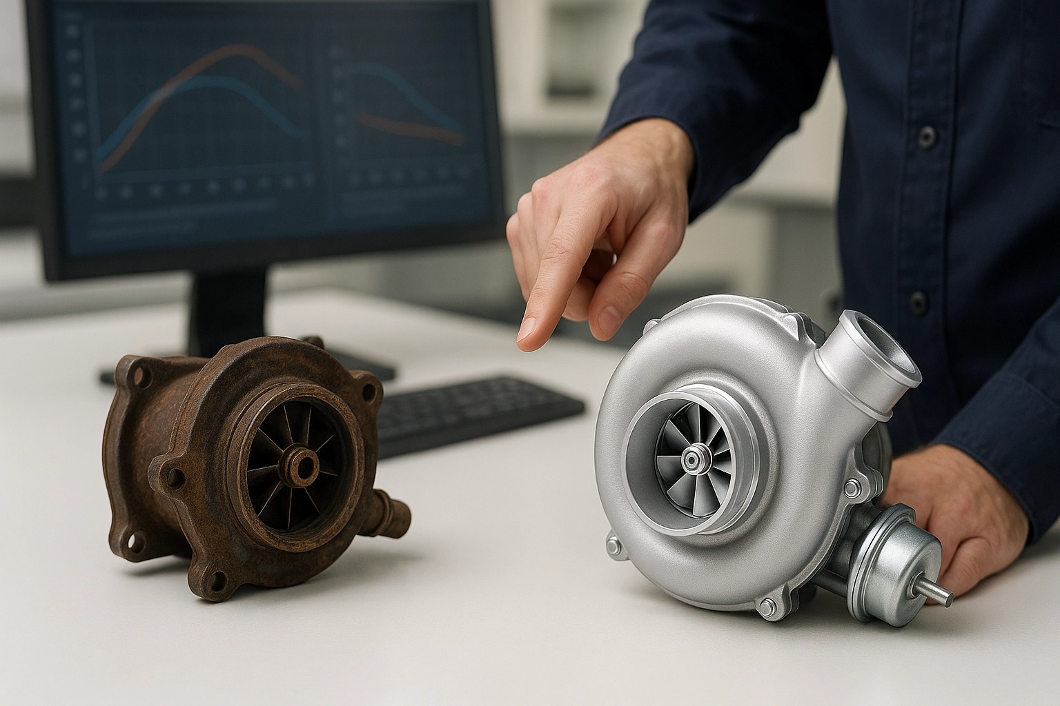 Engineer compares Elecdurauto turbocharger with old rusty turbo