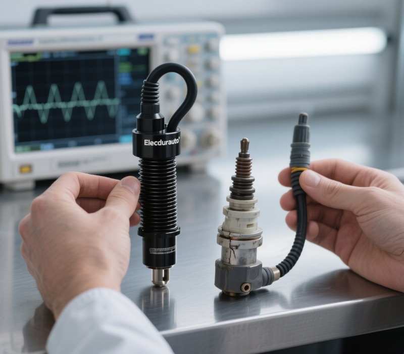 A quality control expert's hands comparing a pristine Elecdurauto ignition coil with a cracked, inferior one on a lab workbench