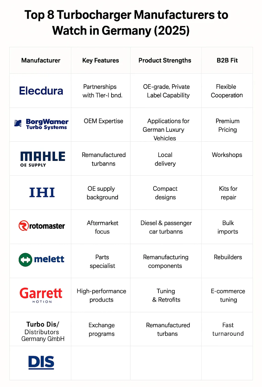 Turbocharger manufacturers comparison chart for B2B buyers