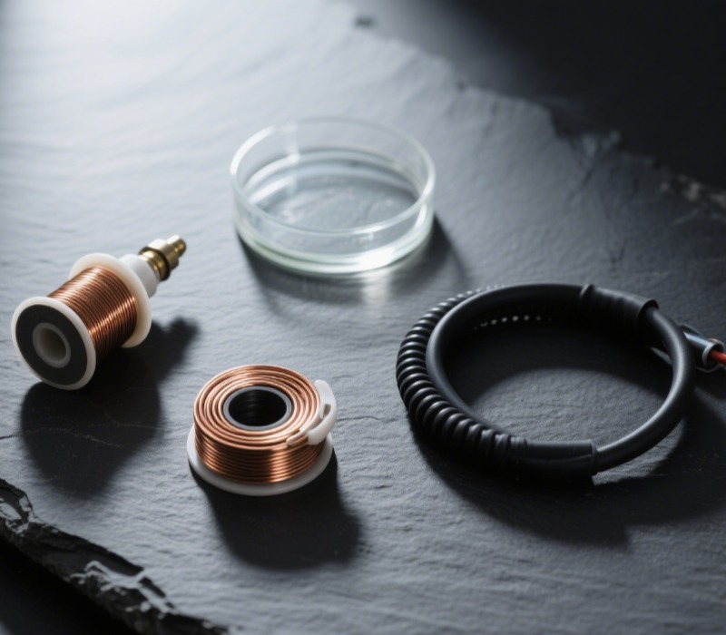 High-quality raw materials for ignition coil manufacturing a spool of pure copper wire, clear epoxy resin, and a silicone boot.
