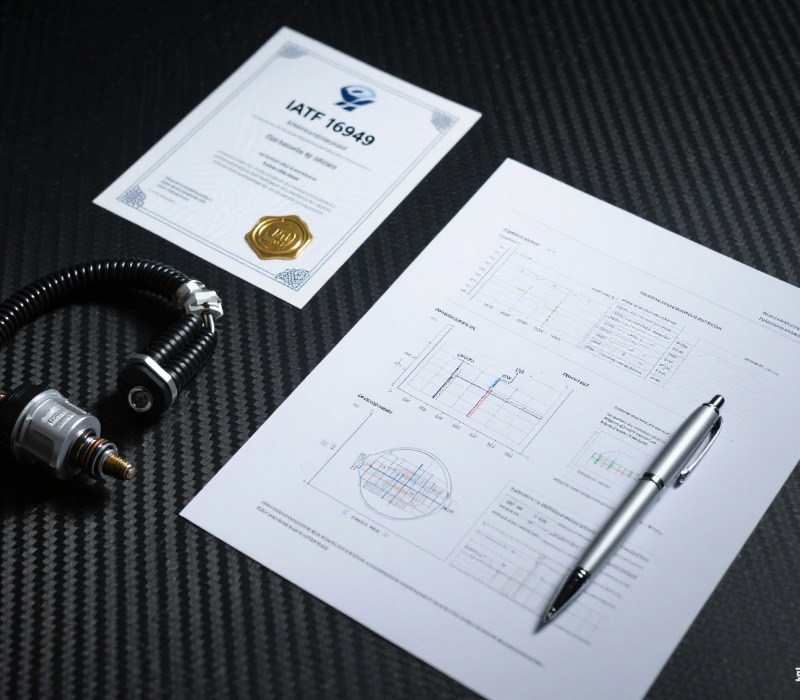 An official IATF 16949 certificate next to a detailed ignition coil test report, proving a manufacturer's commitment to quality.