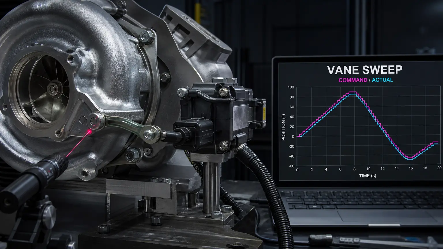 Electronic VGT actuator vane-sweep calibration with commanded and actual position traces