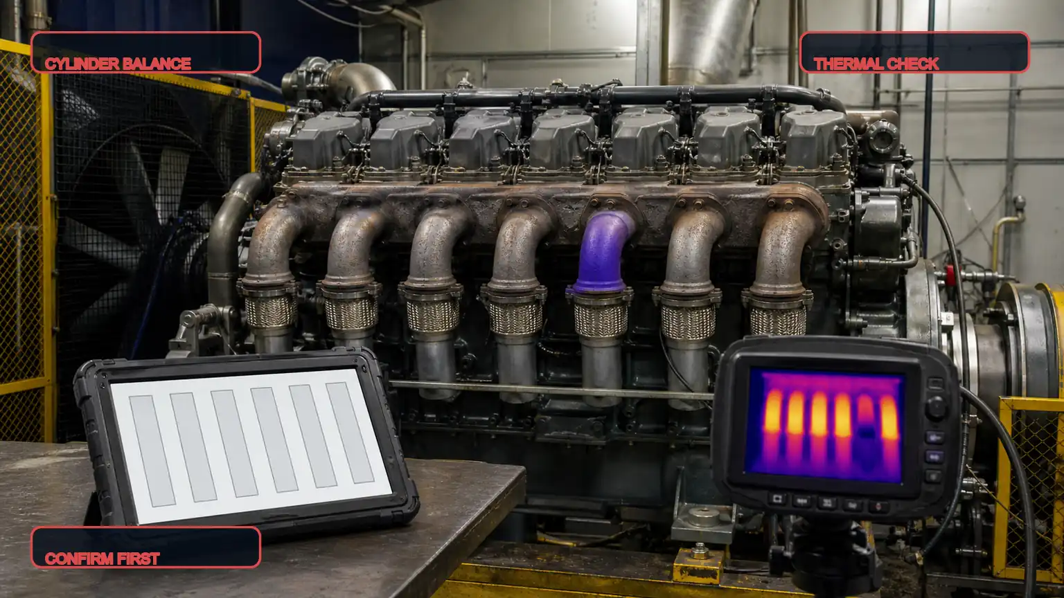Six-cylinder diesel engine contribution diagnosis using a scan tool and exhaust thermal comparison before choosing one injector or a full set.