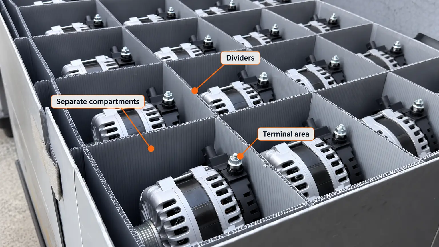 Alternators separated by dividers in an open reusable transport container.