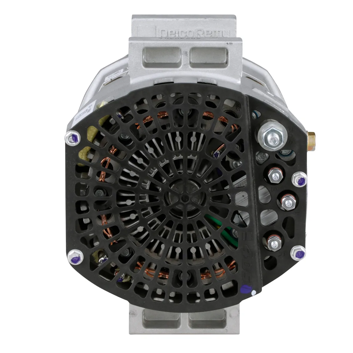 Rear view of a different alternator showing its electrical terminals and protective cover