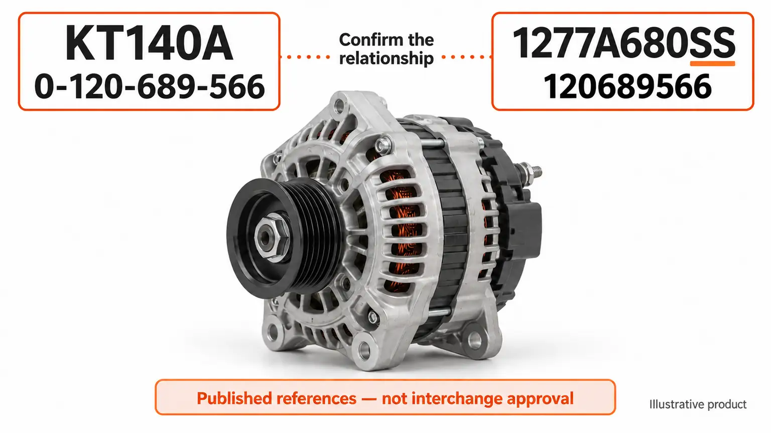 Published motorcoach alternator reference strings compared without erasing the leading zero or full offered suffix