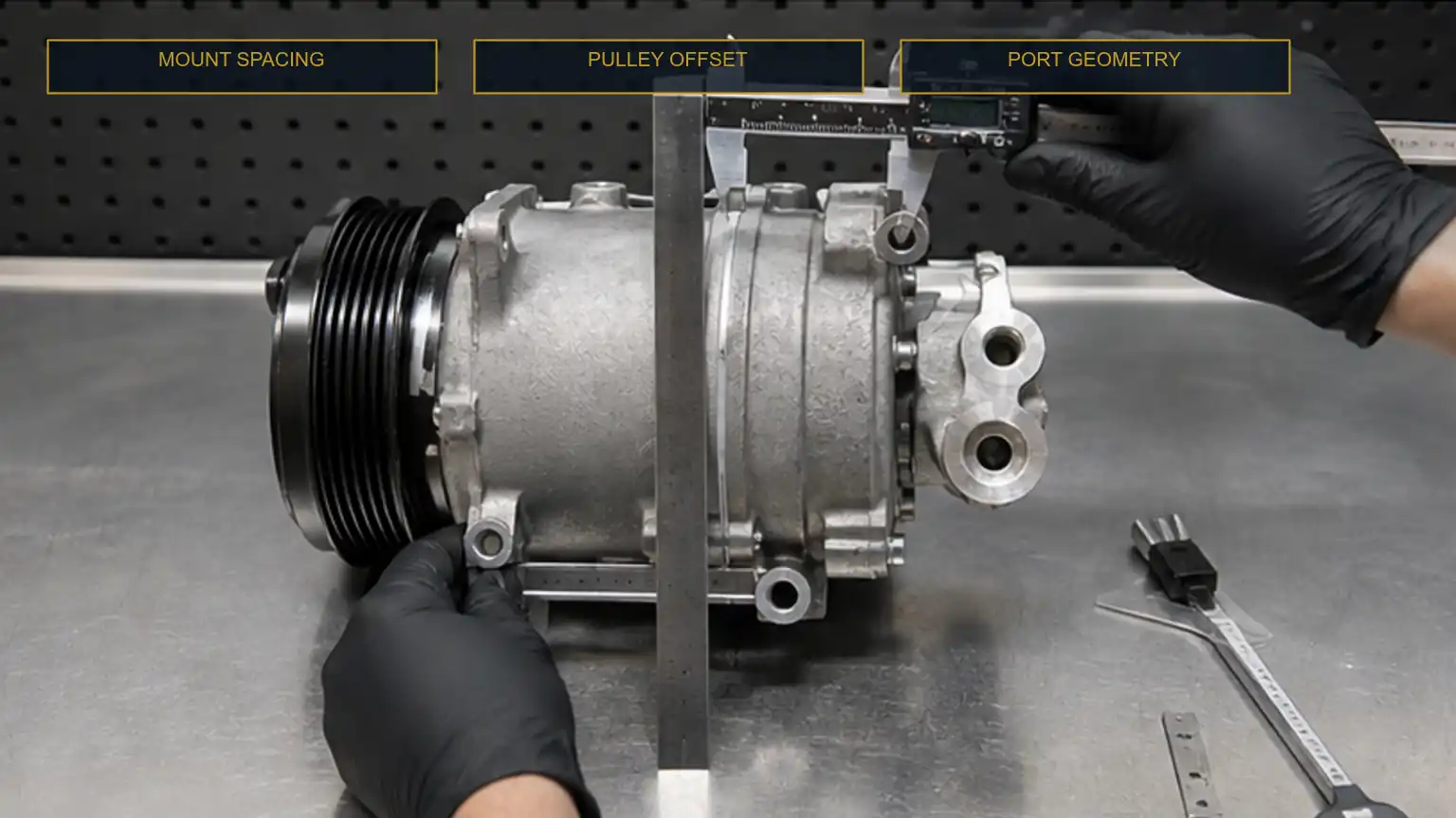 A/C compressor mounting, pulley offset, rear-head geometry, and connector measured on an inspection bench.