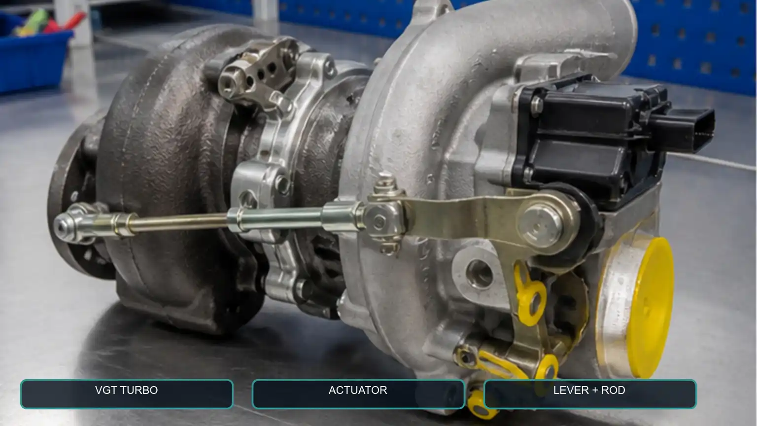 Complete VGT heavy-duty turbocharger with electronic actuator, lever, rod, connector, and protected ports visible.
