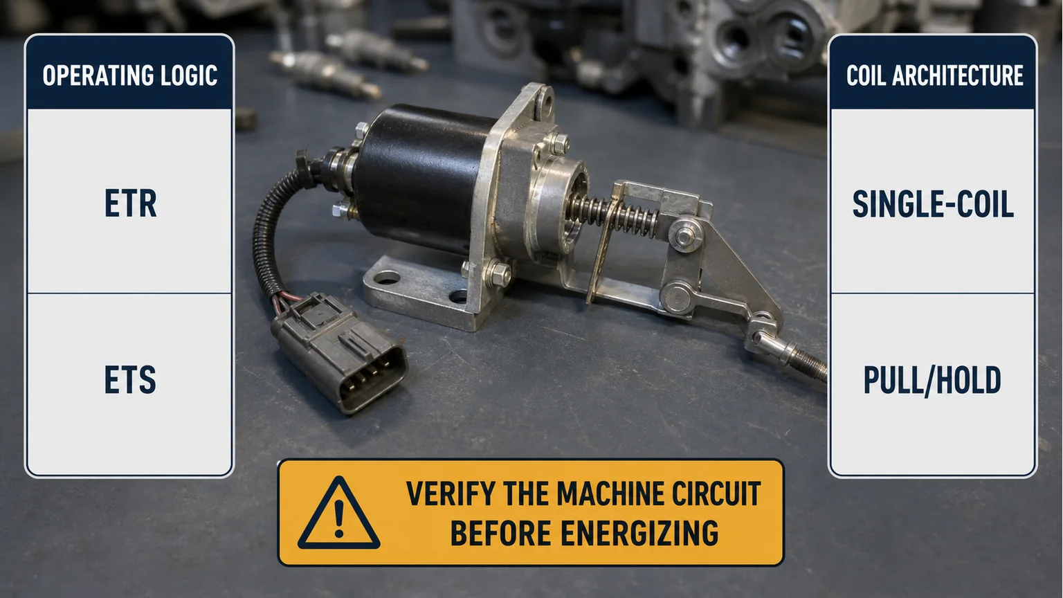 Diesel fuel shutoff solenoid identity map separating energize-to-run or energize-to-stop logic from single-coil or pull-and-hold architecture