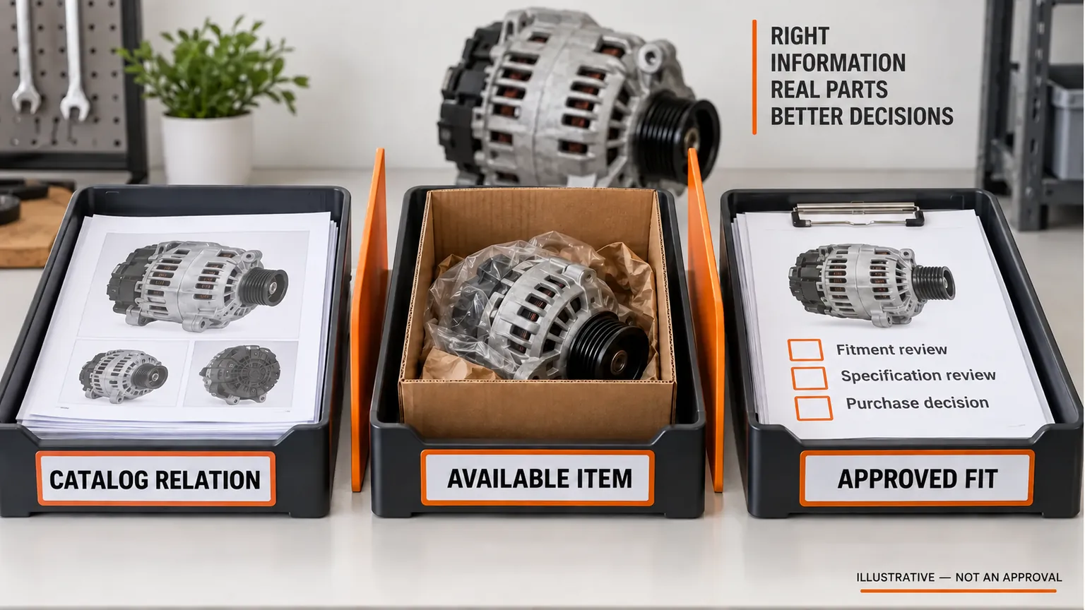 Illustrative procurement scene separating a catalog relationship, an available item and confirmed alternator fitment.