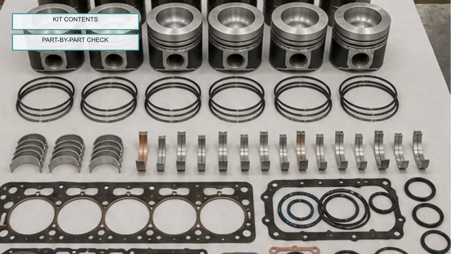 Organized six-cylinder diesel overhaul kit with pistons, liners, rings, bearings, gaskets, and seals visible on a clean table.