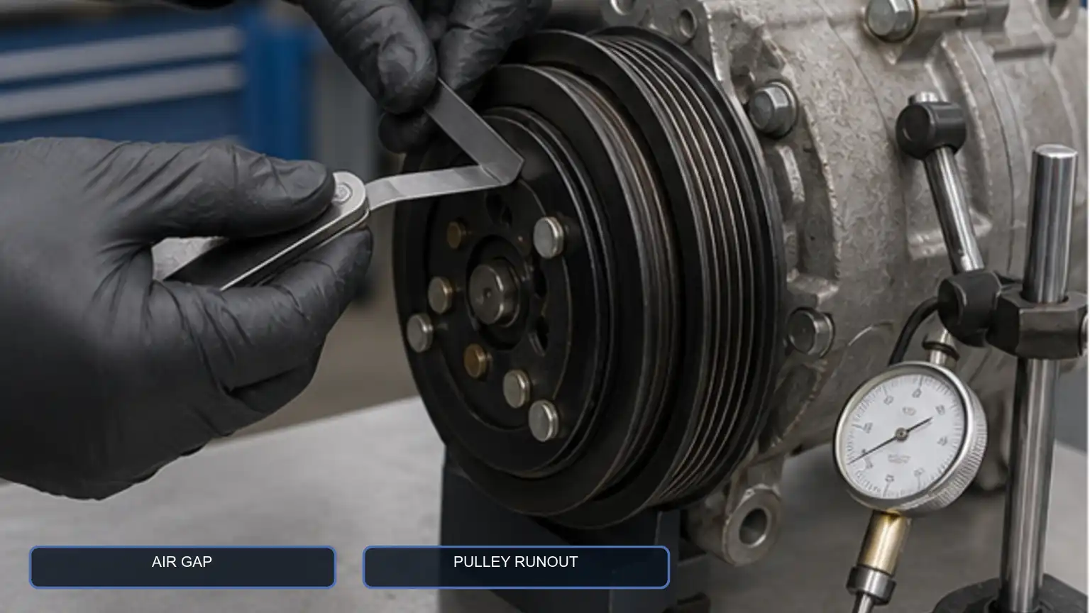 Technician checking A/C compressor clutch air gap with a feeler gauge and pulley runout with a dial indicator.