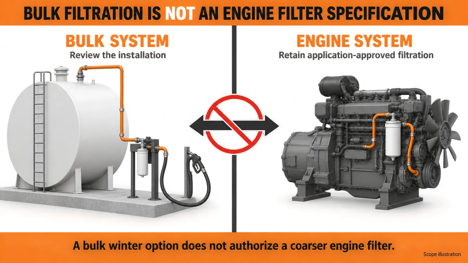 Separate bulk and engine filtration illustrations showing that a winter bulk option does not authorize a coarser engine filter.