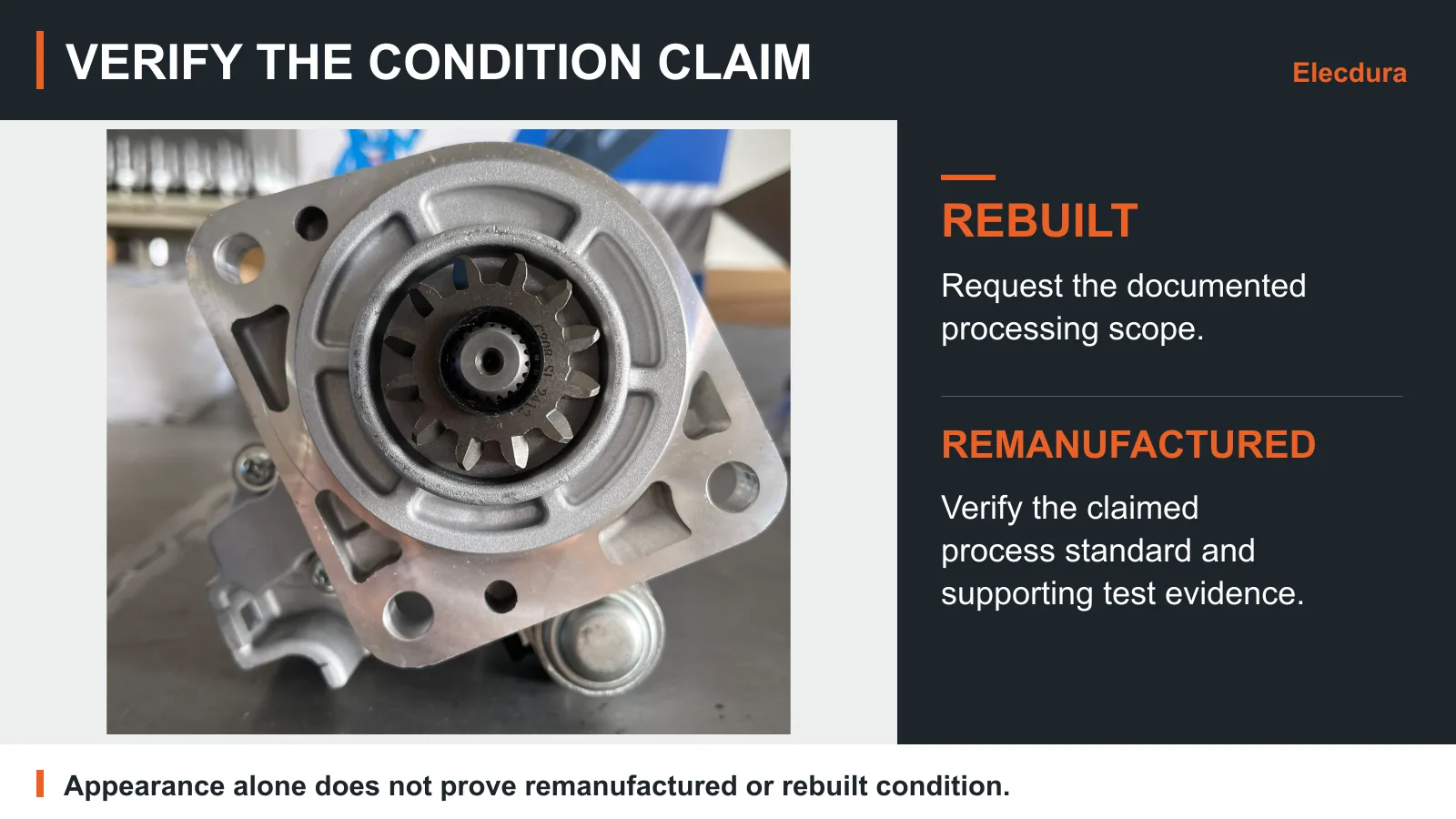 Real starter front-view photo with rebuilt and remanufactured claim-verification requirements; appearance alone does not establish processing condition.