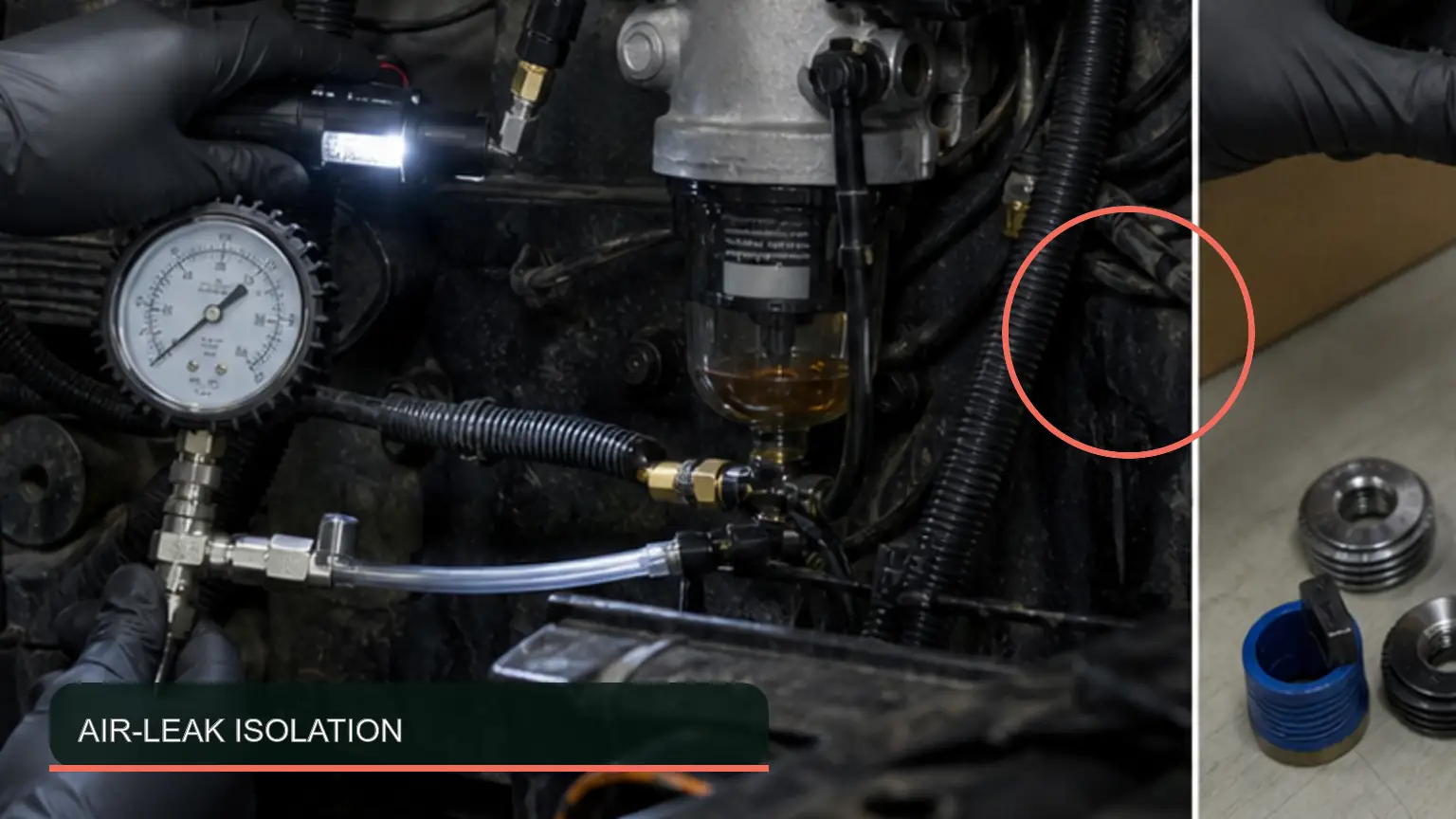 Normal and failed fuel filter housing conditions compared during incoming or warranty inspection