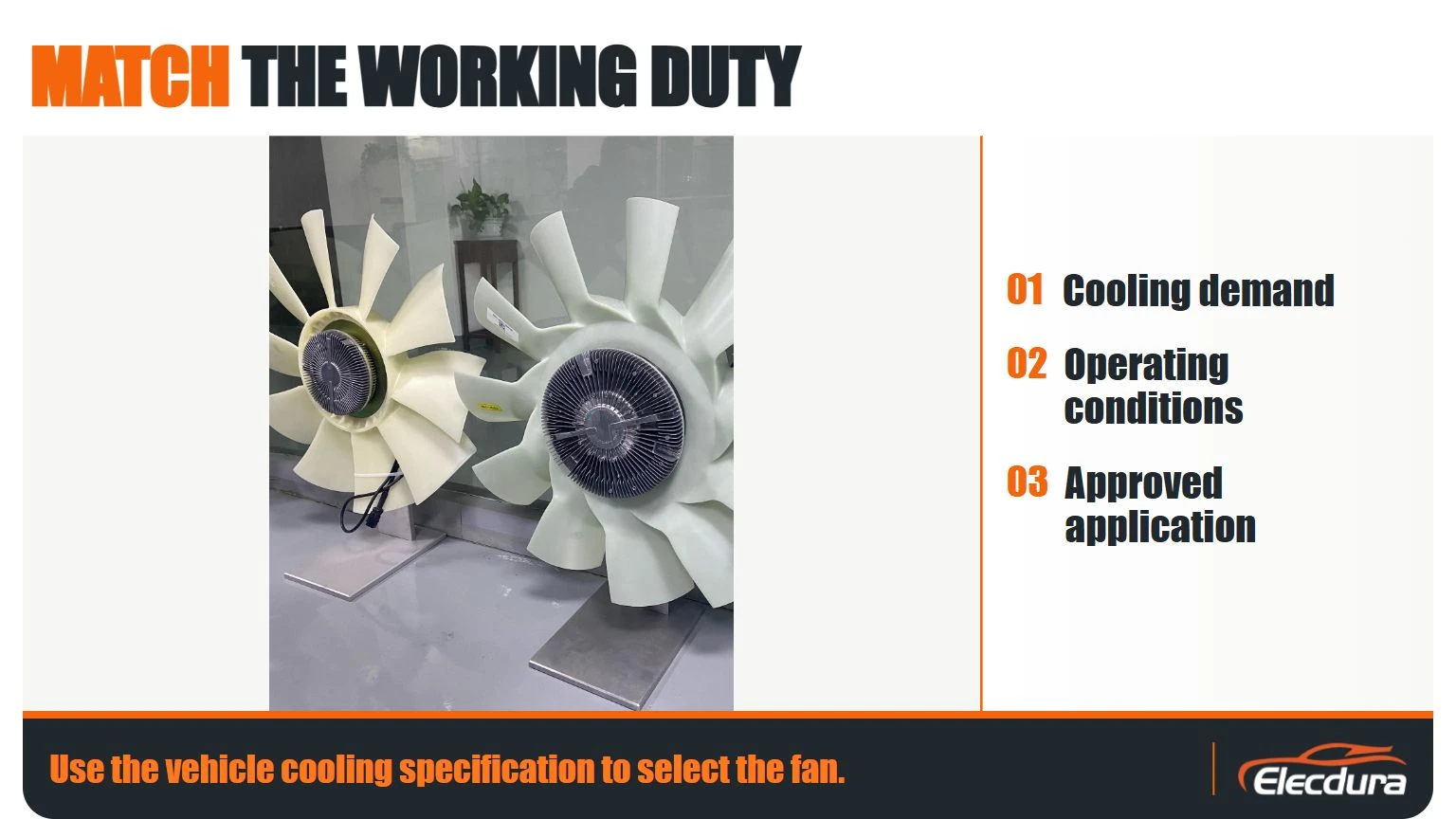 Display photograph of fan and clutch assemblies beside cooling-demand and operating-condition checks.