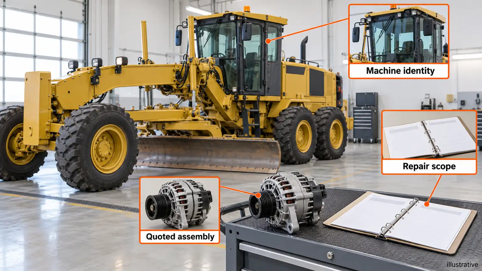 Illustrative motor-grader workshop brings the machine identity, replacement assembly and repair-scope document into the same job enquiry.