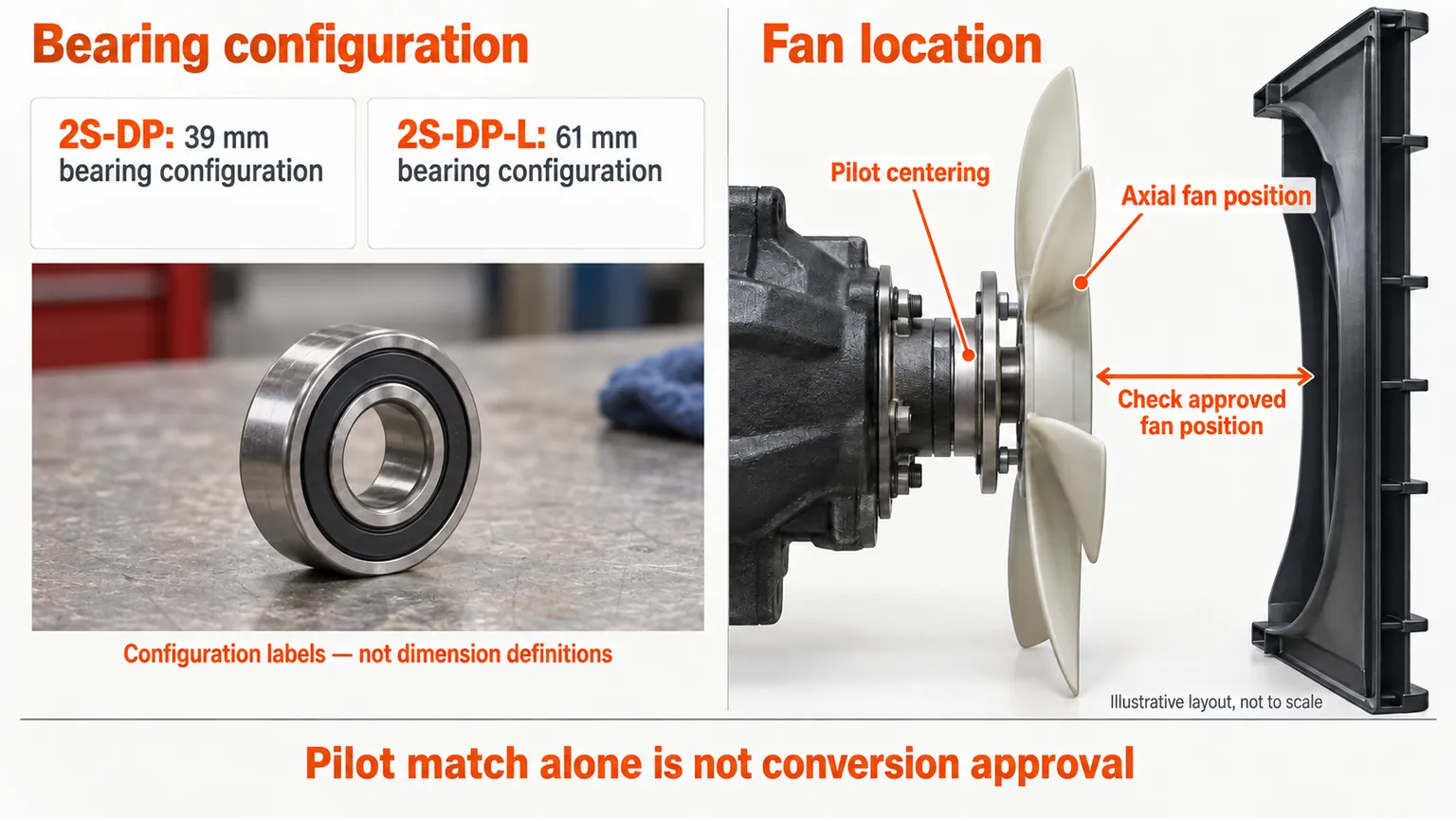 Separate bearing-configuration and fan-position checks for a two-speed fan-clutch conversion; no universal clearance is implied.