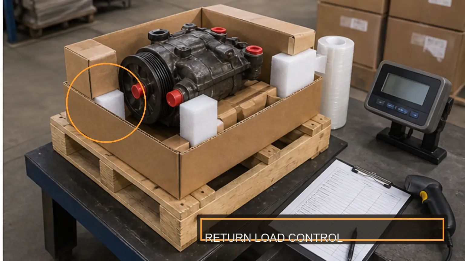Heavy-duty remanufactured core blocked and protected in return packaging
