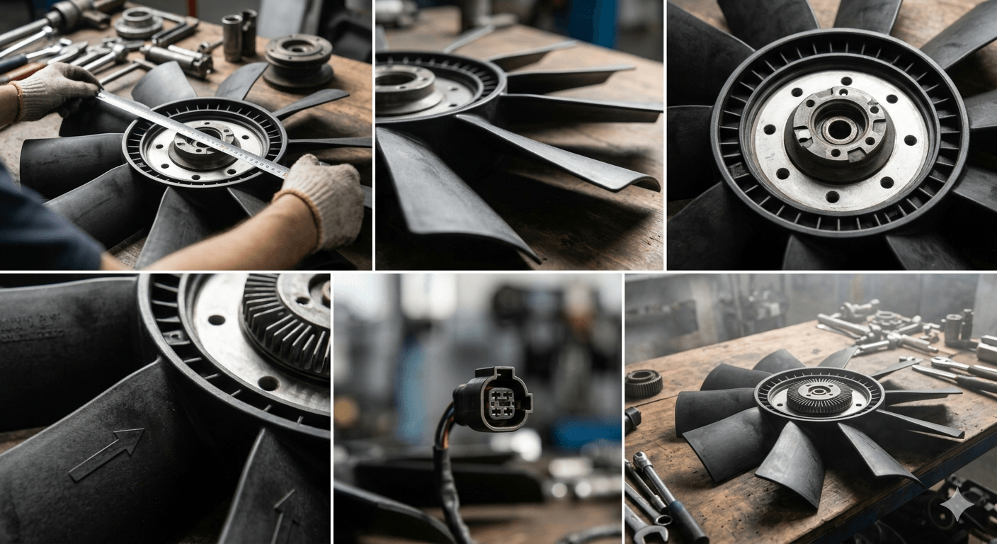 Heavy-duty cooling fan selection checks for OE reference, diameter, blade design, and connector details