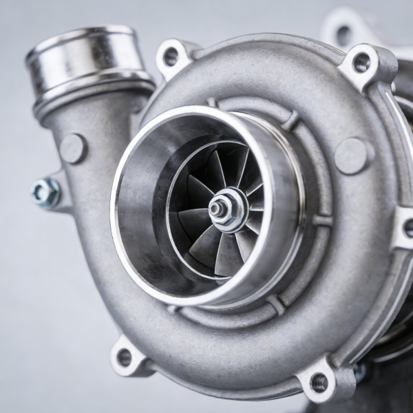 Turbocharger close-up with detailed turbine and metal housing