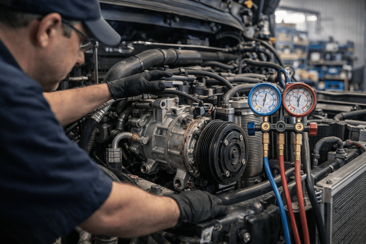 Technician diagnosing heavy-duty truck AC system with service gauges, compressor and condenser components visible in workshop