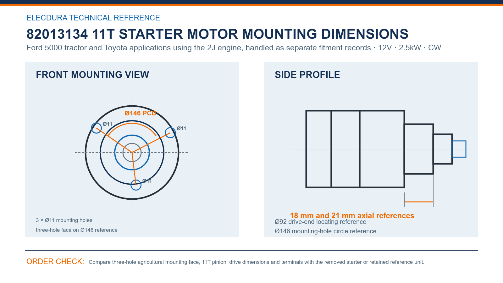 82013134 Ford 5000 Toyota 2J 11T starter mounting dimensions