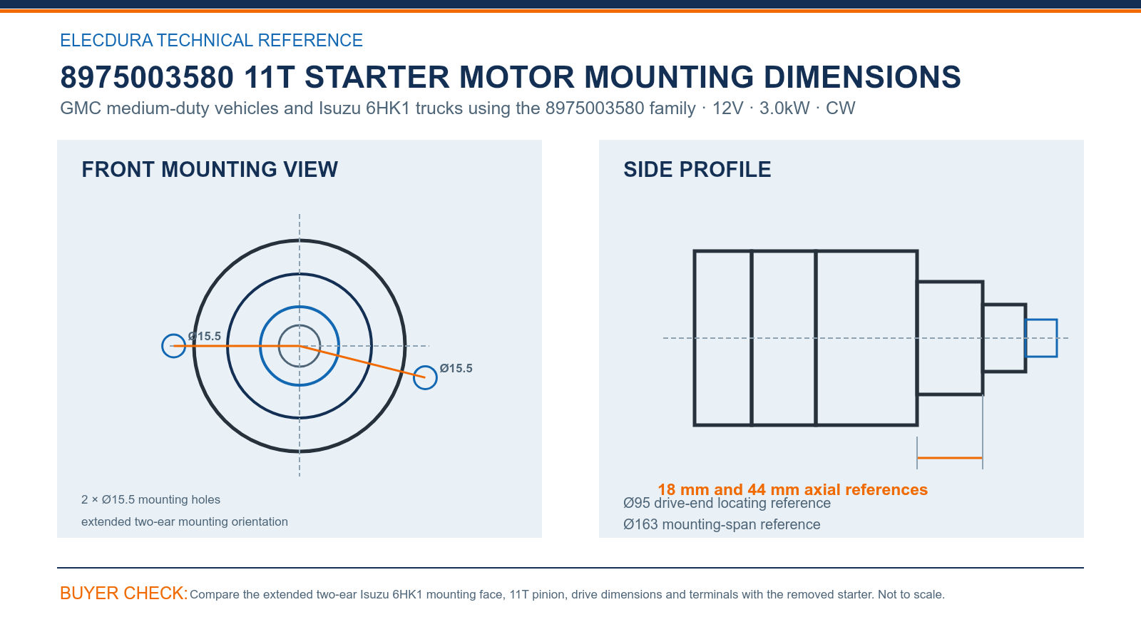 8975003580 Isuzu 12V 3.0kW 11T starter mounting dimensions