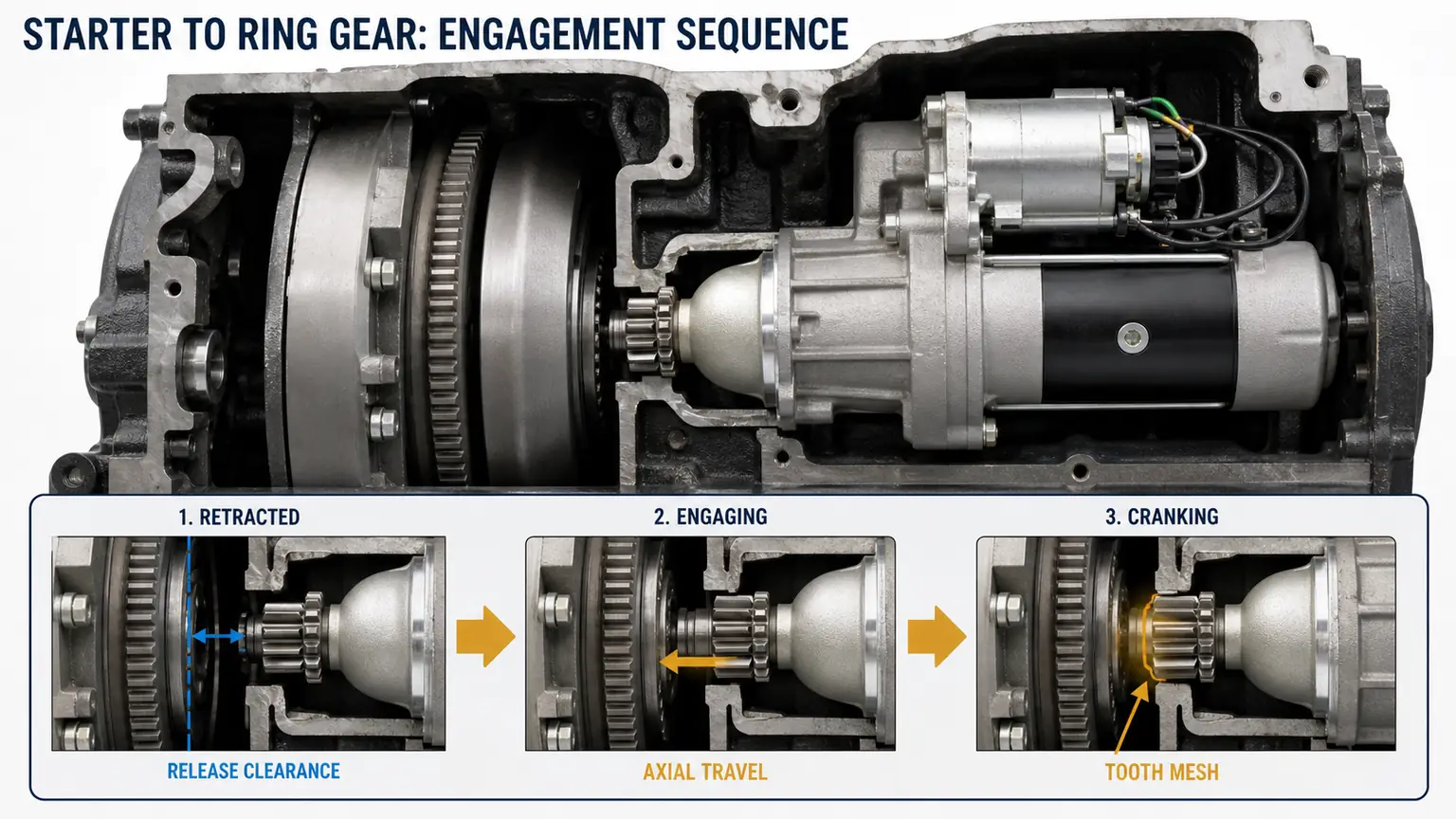 Starter-to-ring-gear cutaway showing retracted, engaging and cranking positions