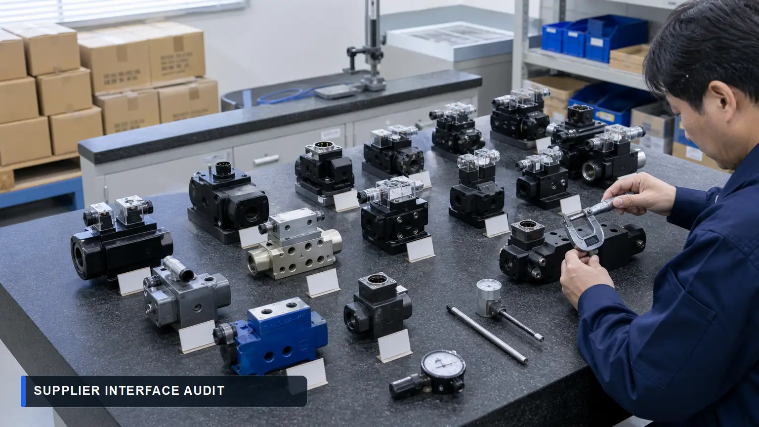 Japanese supplier receiving lab measuring port threads and connector keying across heavy-duty solenoid valve samples