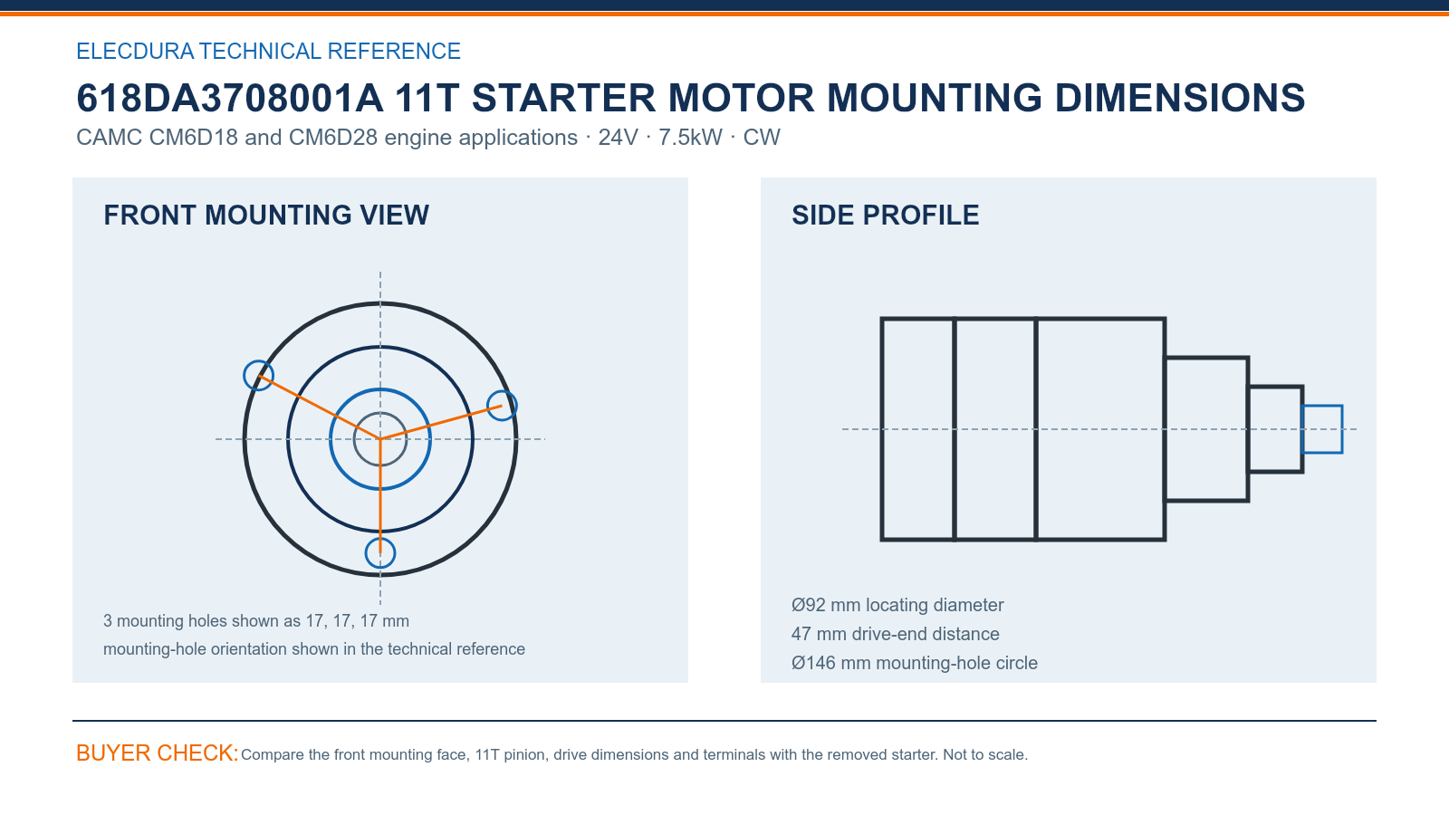 618DA3708001A CAMC CM6D18 and CM6D28 engine applications 24V 7.5kW 11T starter mounting dimensions