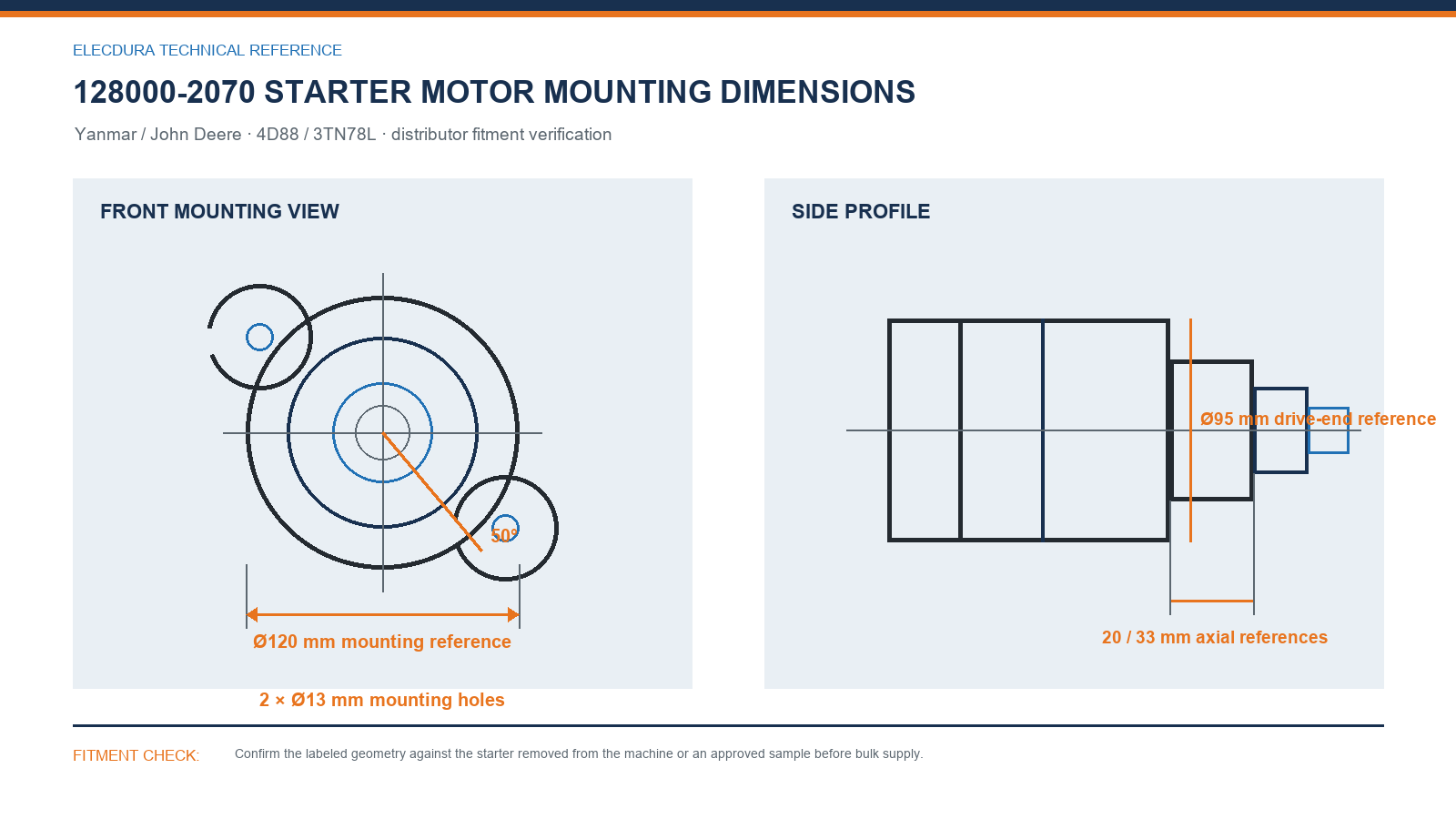 128000-2070 Yanmar / John Deere starter motor mounting dimensions for 4D88 / 3TN78L wholesale fitment verification