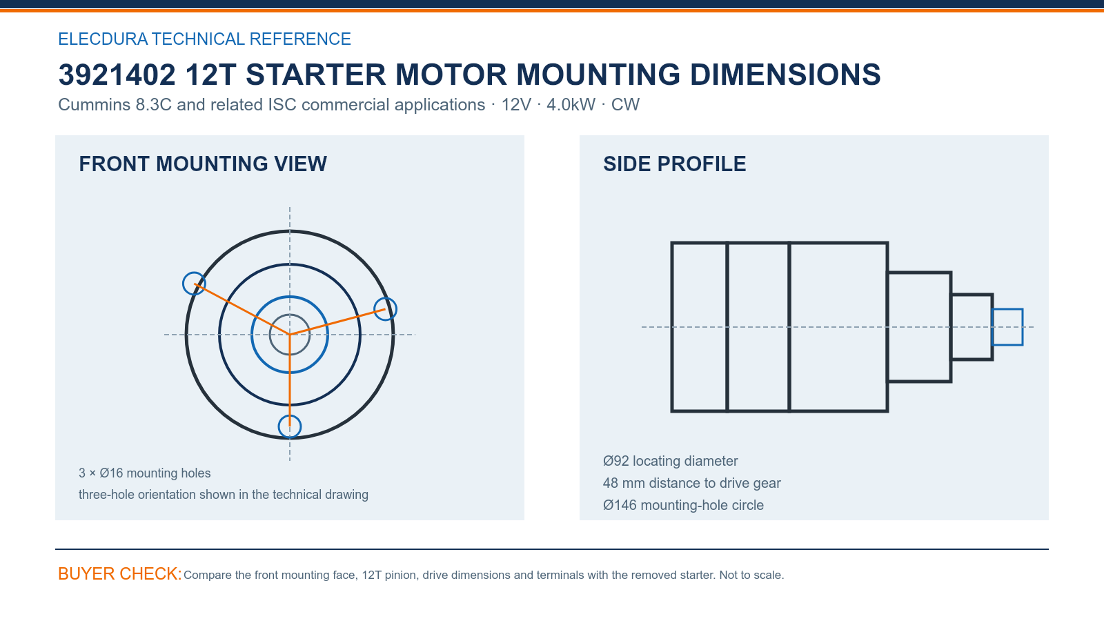 3921402 Cummins 8.3C 12V 4.0kW 12T starter mounting dimensions