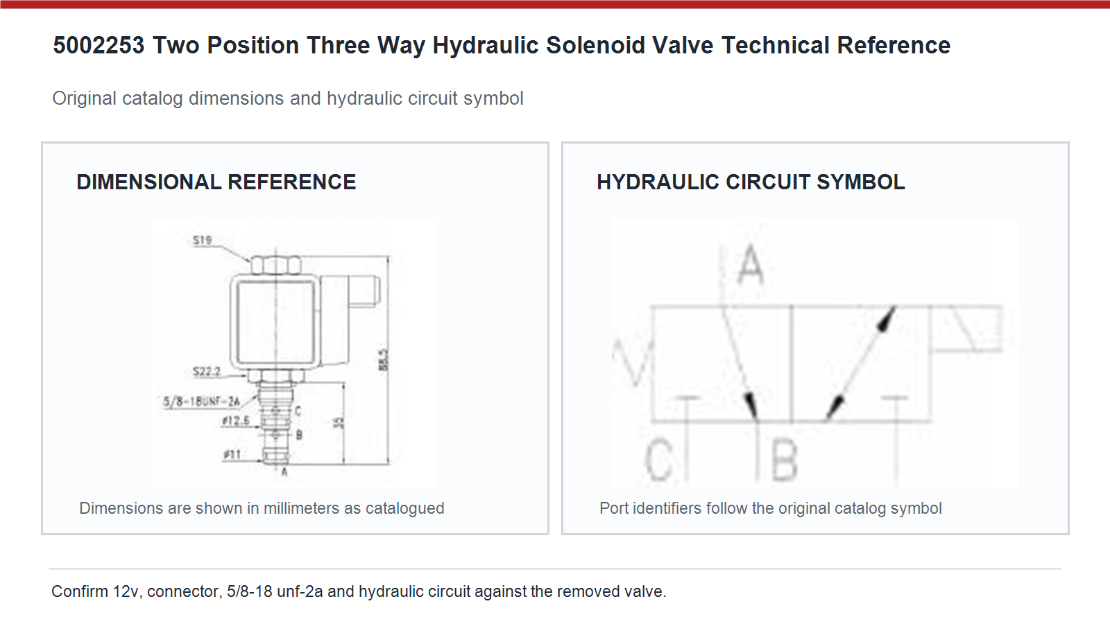 5002253 Universal two position three way hydraulic solenoid valve dimensions and hydraulic circuit diagram