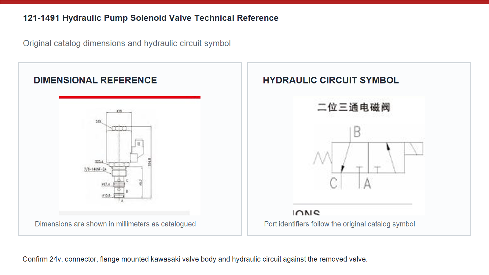 121-1491 Caterpillar hydraulic pump solenoid valve dimensions and hydraulic circuit diagram