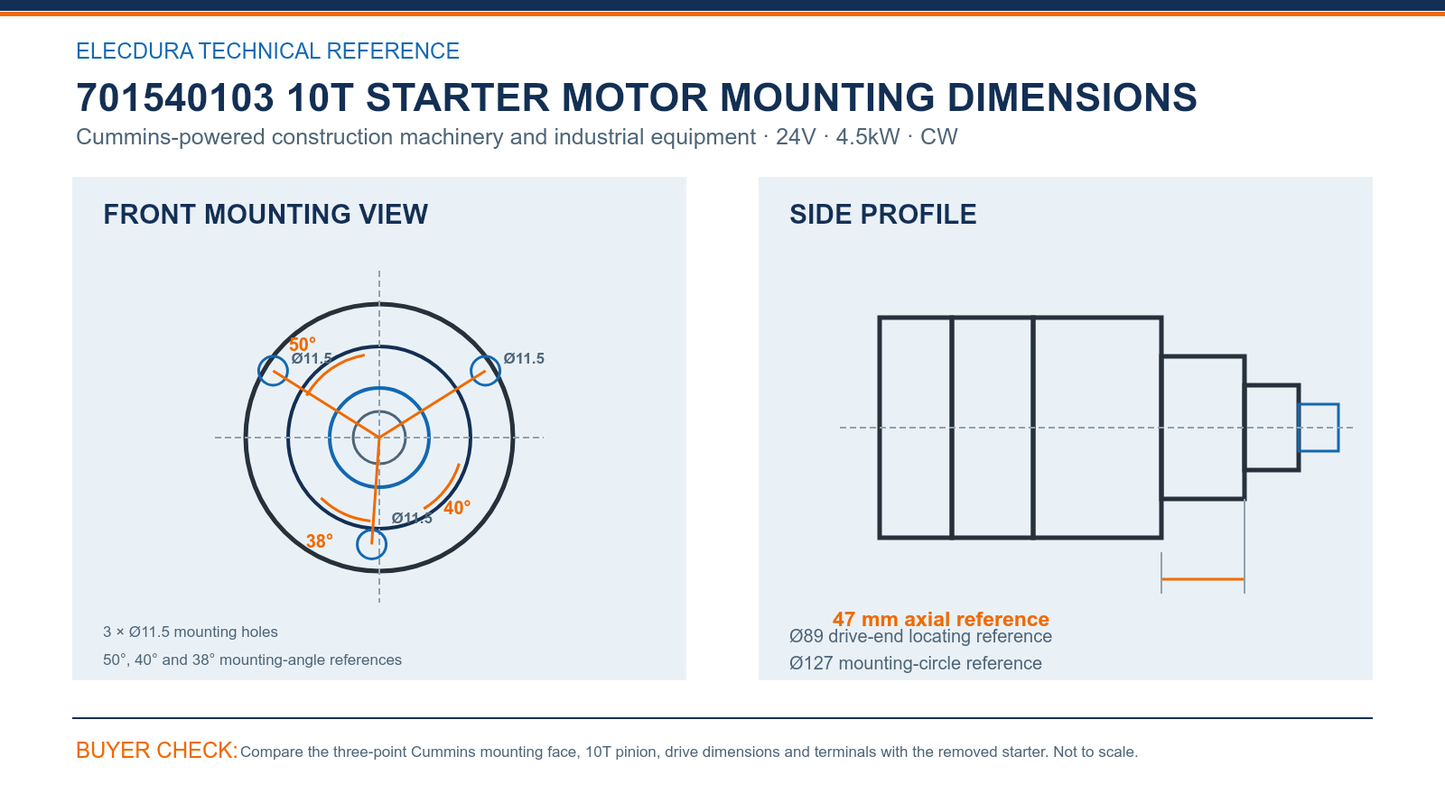 701540103 Cummins 24V 4.5kW 10T starter mounting dimensions