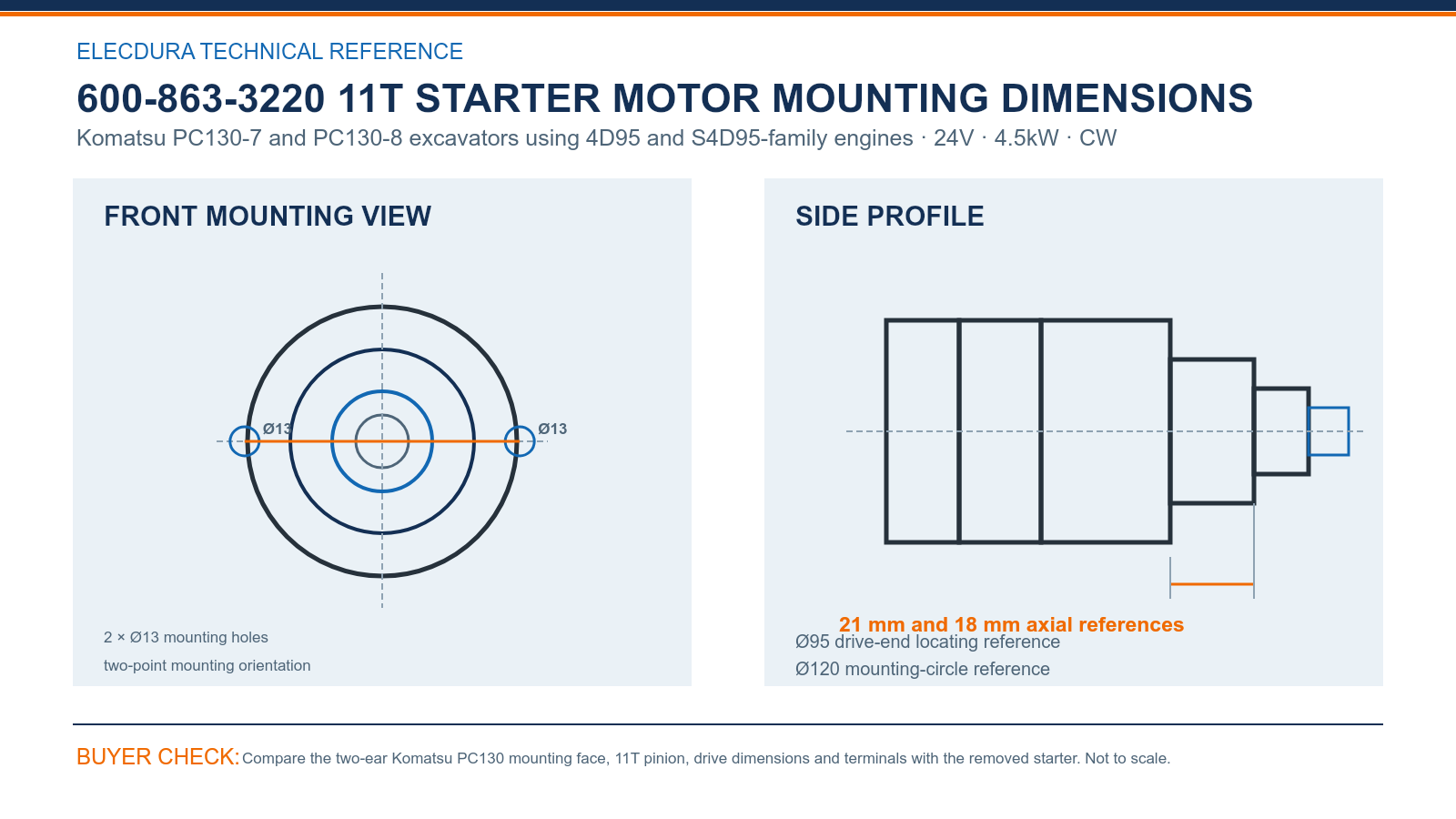 600-863-3220 Komatsu PC130-7 24V 4.5kW 11T starter mounting dimensions
