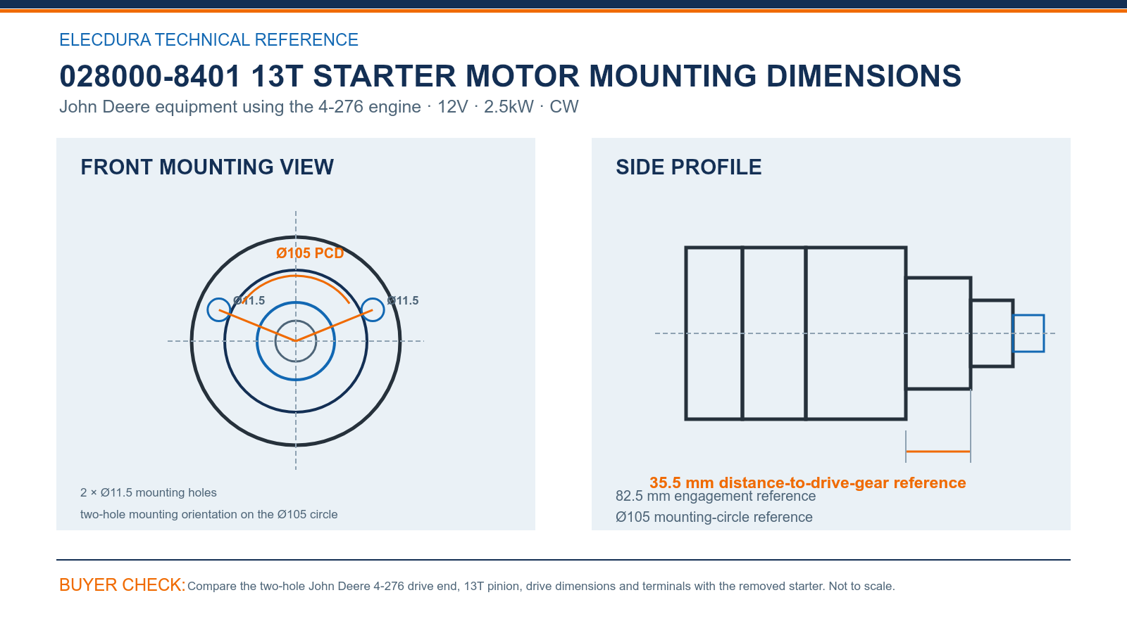 028000-8401 John Deere 4-276 13T starter mounting dimensions