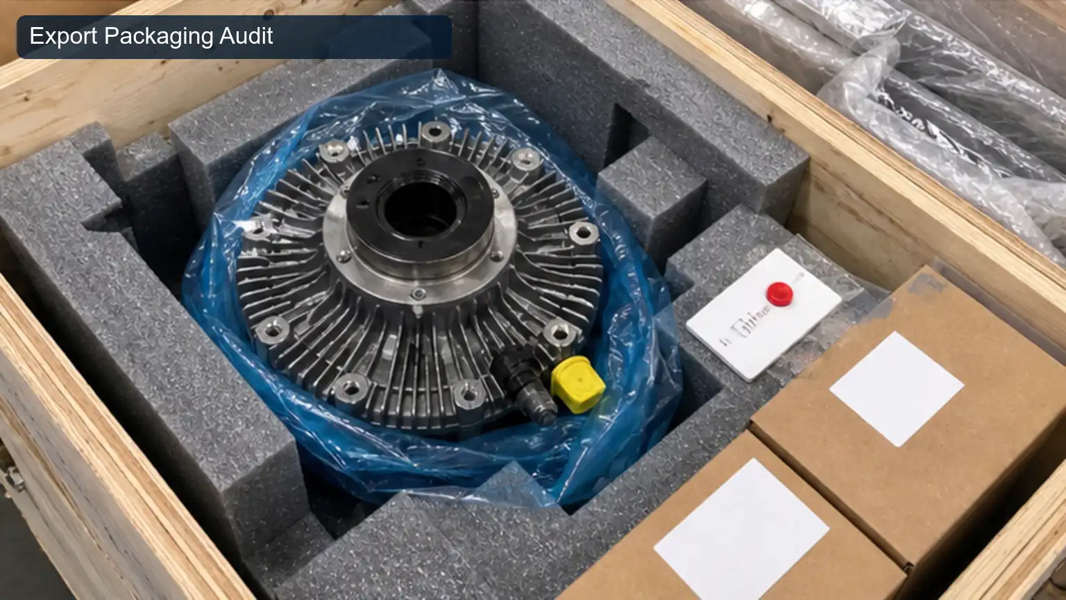 Export Packaging Audit for Top 20 Heavy-Duty Fan Clutch Manufacturers in Canada, shown as a photorealistic heavy-duty technical inspection view