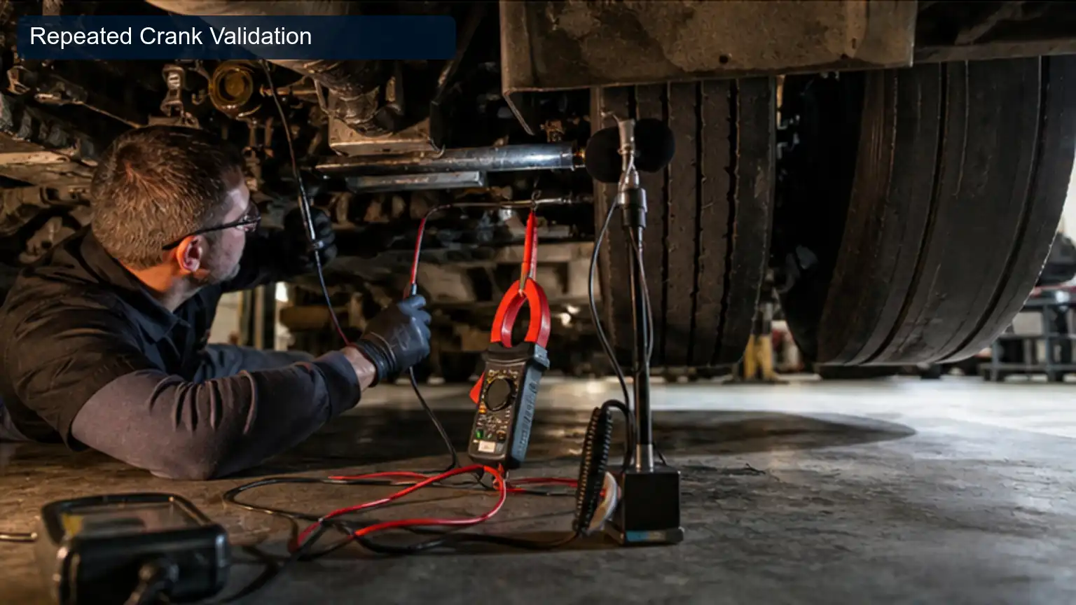 Repeated Crank Validation for Heavy-Duty Starter Pinion and Ring-Gear Engagement Inspection, shown as a photorealistic heavy-duty technical inspection view