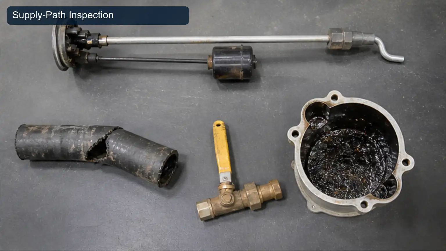 Supply-Path Inspection for Heavy-Duty Fuel Filter Restriction and Priming-System Diagnosis, shown as a photorealistic heavy-duty technical inspection view
