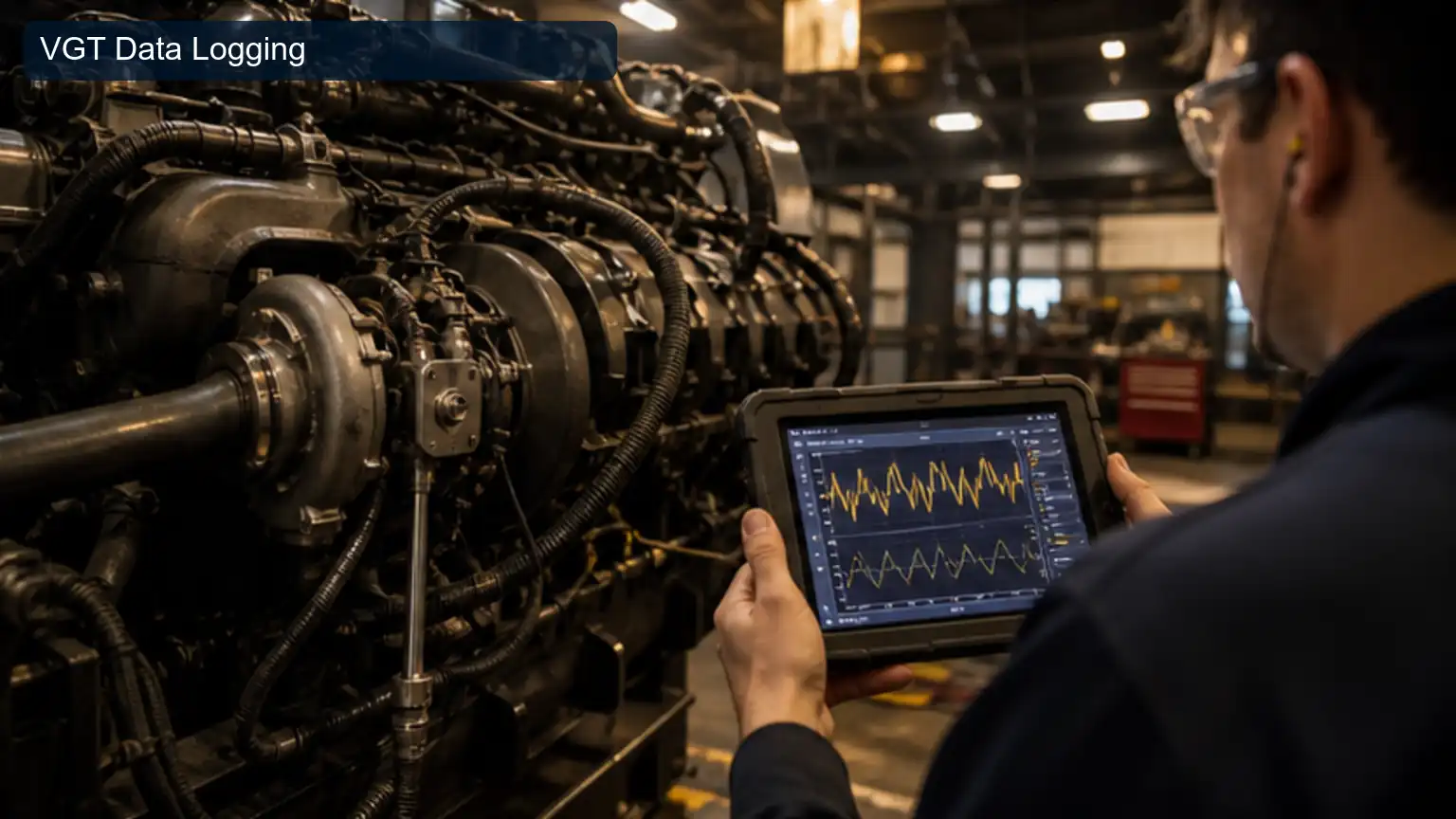 VGT Data Logging for Heavy-Duty Turbocharger Compressor Surge: Map, Airflow, and System Diagnosis, shown as a photorealistic heavy-duty technical inspection view