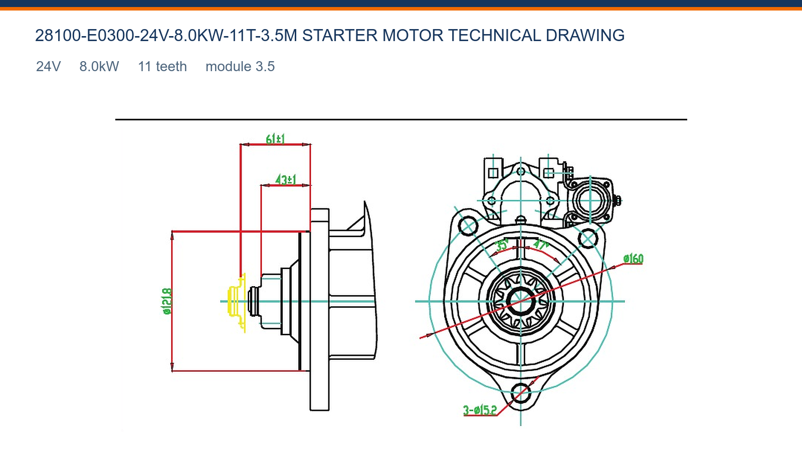 28100-E0300-24V-8.0KW-11T-3.5M Hino starter motor technical drawing 24V 8.0kW 11T