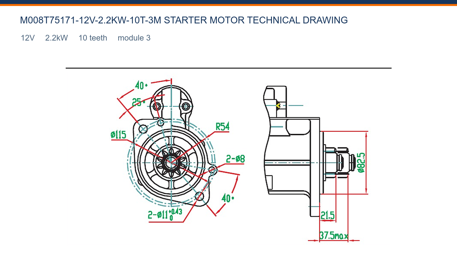 M008T75171-12V-2,2KW-10T-3M Mitsubishi startmotor teknisk ritning 12V 2,2kW 10T