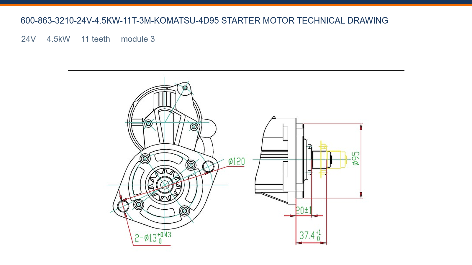 600-863-3210-24V-4.5KW-11T-3M-KOMATSU-4D95 Komatsu starter motor technical drawing 24V 4.5kW 11T