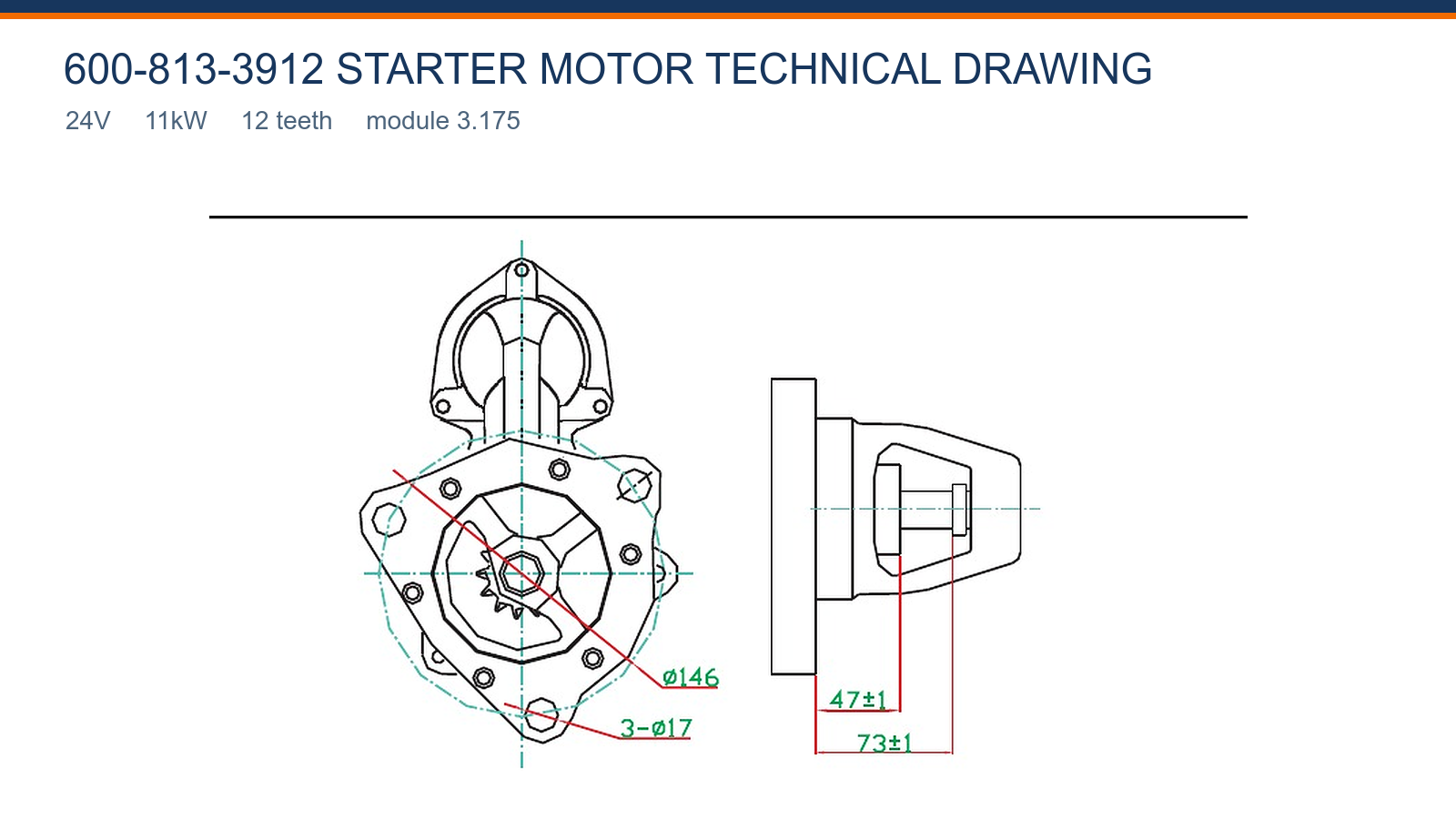 600-813-3912 Gambar teknik motor starter Komatsu 24V 11kW 12T